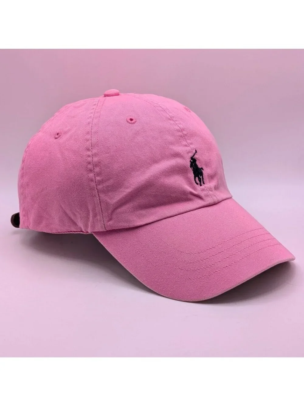 POLO Ralph Lauren VTG Pink Chino Ball Cap Hat Leather Strap Adjustable Blue Pony